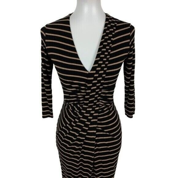 Bailey 44 Striped Bodycon Dress Small Brown Black 34 Sleeve Office Stretch - Picture 3 of 6
